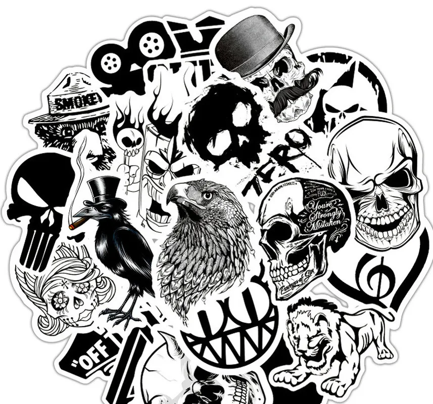 

50Pcs/Lot Rock Roll Band Music Black White Stickers Punk Cool Retro Guitar Skateboard Suitcase DIY TV Car Waterproof Decals