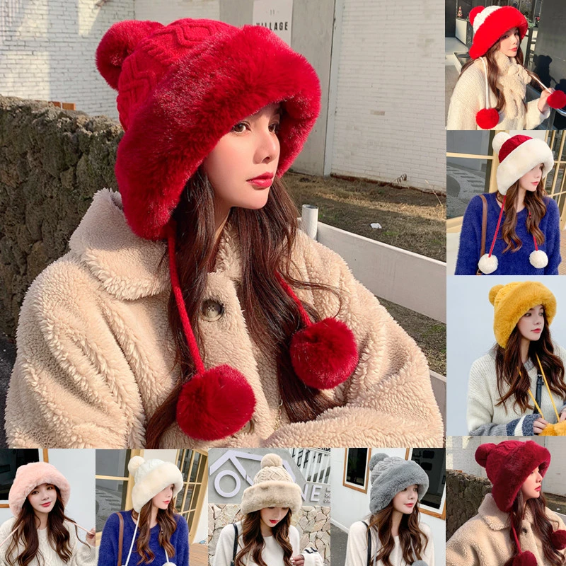 Thicken hat new style ladies fur ball plus velvet warm hood outdoor autumn and winter cold-proof fashion cute woolen wholesale mens leather bomber hat