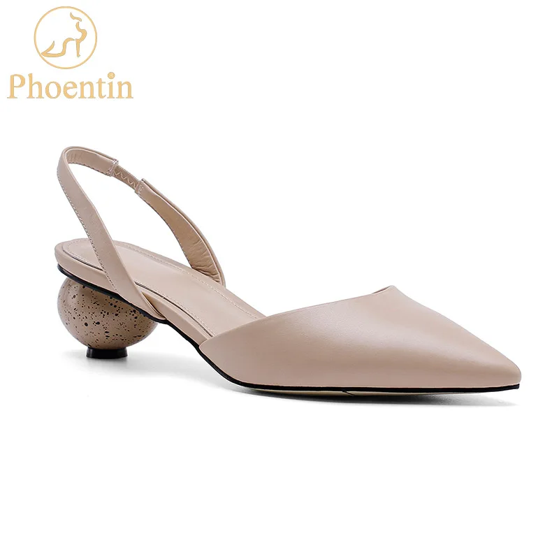 Phoentin/женские туфли на среднем каблуке с помпонами; коллекция года; женские туфли-лодочки с петлей на пятке; обувь из натуральной кожи с эластичным ремешком; Цвет абрикосовый; с острым носком; FT806 - Цвет: Apricot
