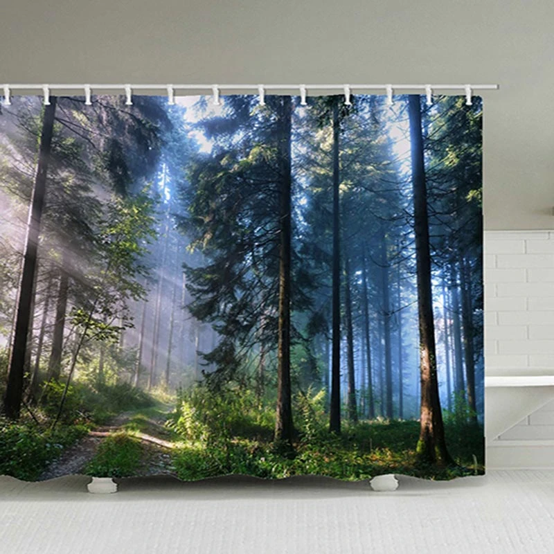 

Bathroom Decor The Sun Shining Through The Woods Shower Curtain Landscape 100% Polyester Toilet Curtain For Bath With 12 Hooks