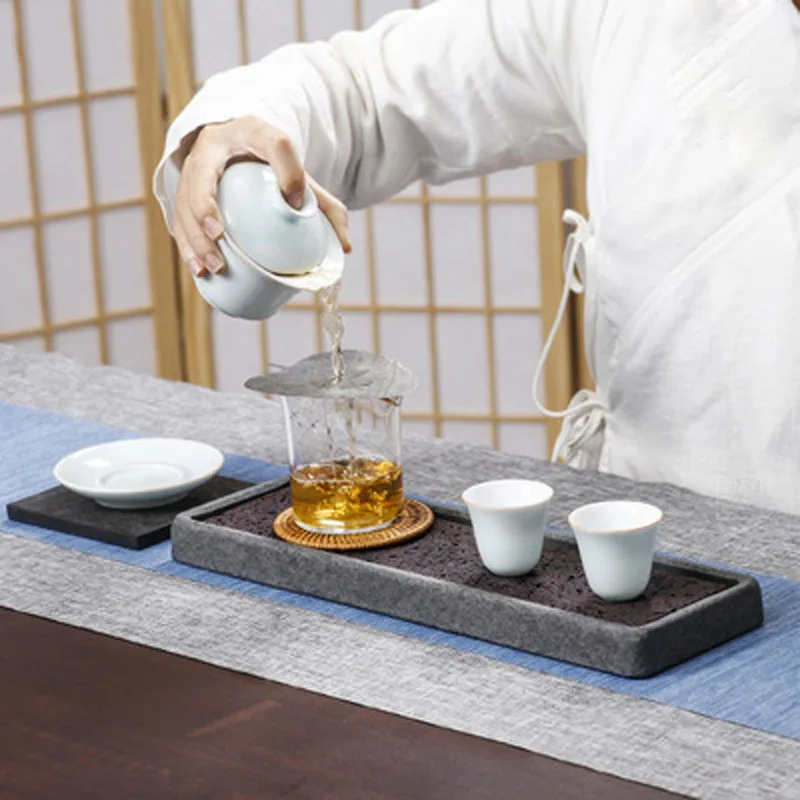 Rectangular Stone Tea-Tray Separable Natural Volcanic Rock Plate, Kung Fu Tea Set, Room, Home Decoration, Table, Office Decor