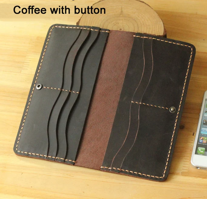 Coffee with button Винтажный кожаный бумажник crazy horse ручной работы, мужской кошелек из натуральной кожи, длинный стильный мужской кошелек, клатч, зажим для денег, сумка для денег - Цвет: Coffee with button