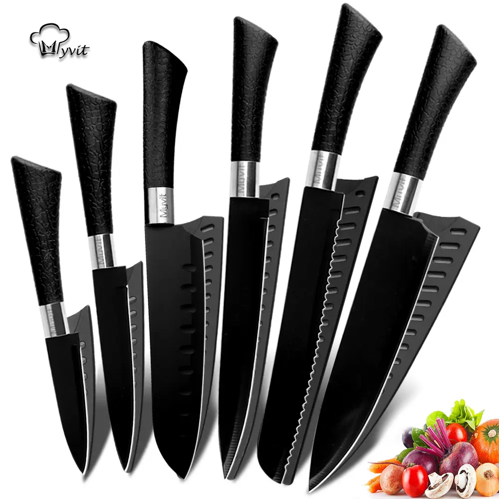 Chef Knives Stainless Steel Knives Tools Black Blade Paring Utility Santoku Chef Slicing Bread Kitchen Accessories Set Tools