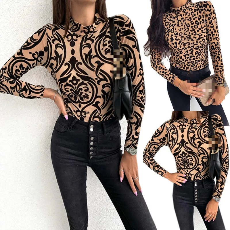 Women Leopard Print Turtleneck Tops 2019 Autumn Long Sleeve Slim Basic Ladies T Shirt Party Fashion Korean Female New | Женская одежда