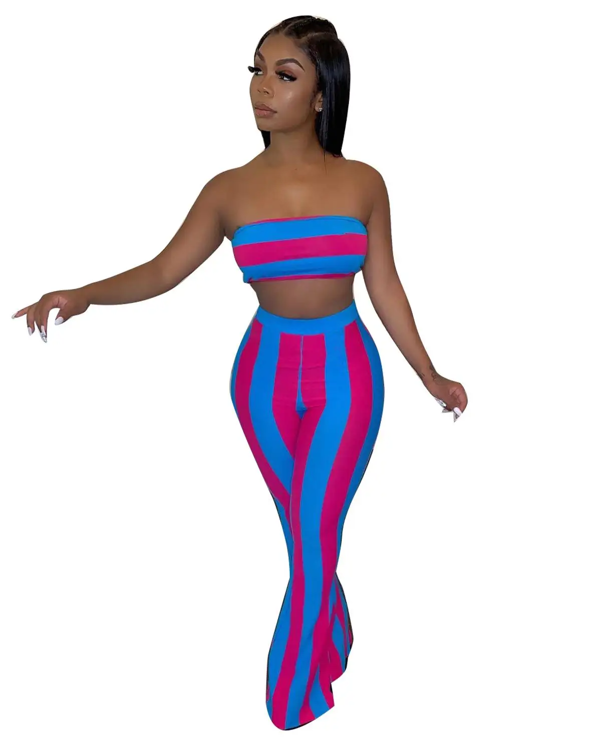 

New summer strapless 2 pieces outfits for women striped print crop top and long pants set 5253