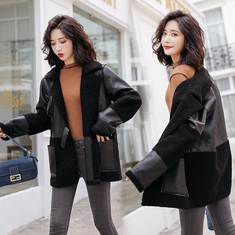

Lambs Wool plus Velvet Leather Coat Coat Women's Mid-length 2019 Winter New Style Korean-style Loose-Fit Fur Overcoat Fashion
