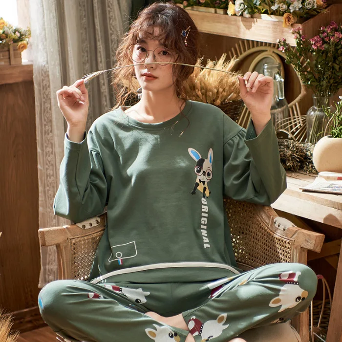 

New Style Spring Comfortable Cotton Long Sleeve Simple Natural Pajamas Underwear Printed GIRL'S Convention Women's Home Wear