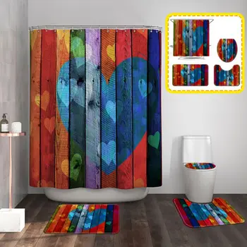 

Love Printing Shower Curtain Floor Mat Four-piece Bathroom Mat Set Bathroom Creative Shower Curtain Curtain