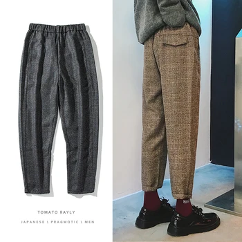 

2019 Autumn And Winter New Men's Woolen Plaid Small Trousers Fashion Casual Thickened Harem Pants Youth Brown / Black M-2XL