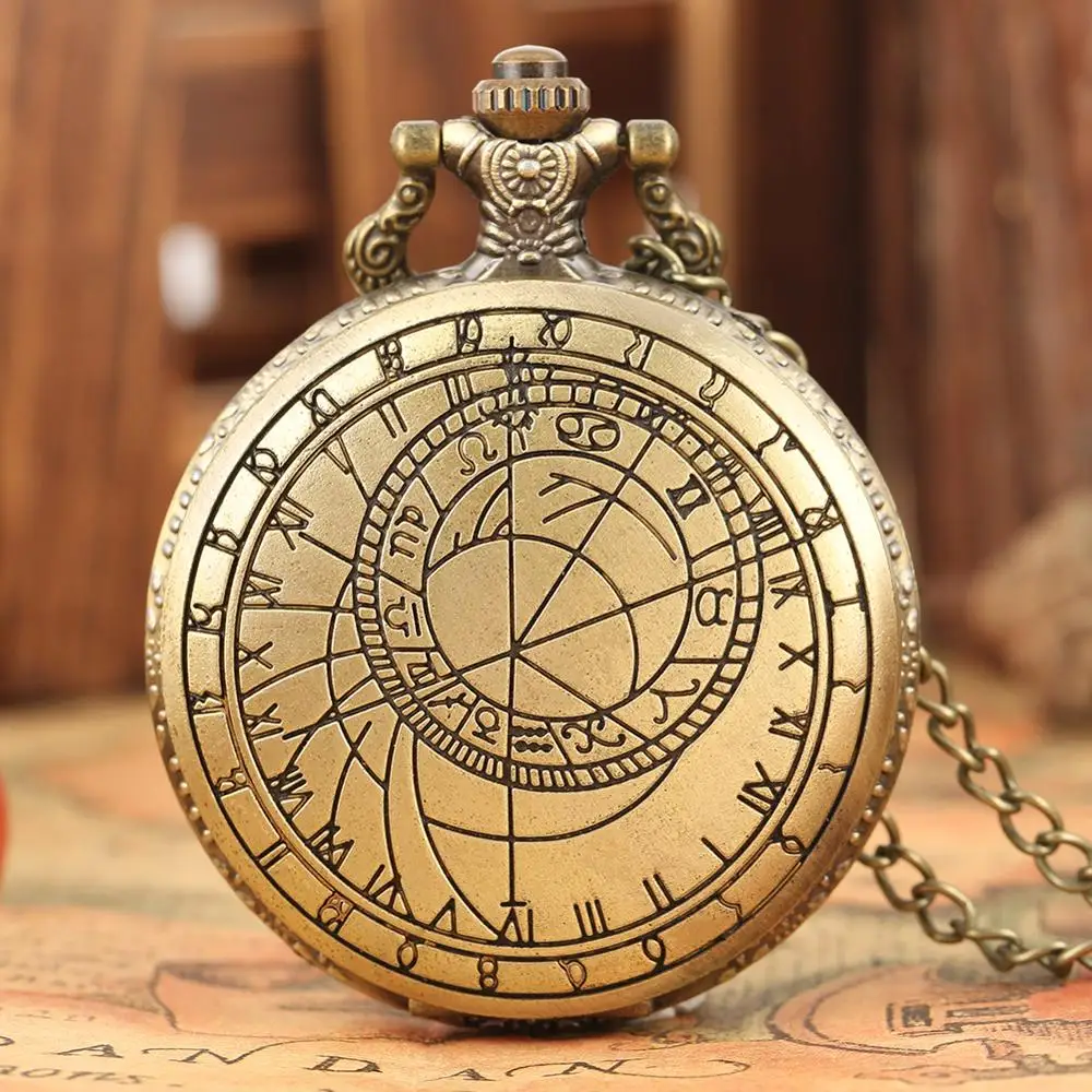 

2019 New Arrival Steampunk Doctor Who Bronze Retro Compass Zodiac Pocket Watch Necklace Chain Quartz Watch Gifts Men Women