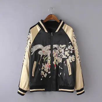 

Womens Jacket Coat Outerwear Wear On Both Side Harajuku Reversible Floral Phoenix Bird Premium Embroidery Ladies Coats