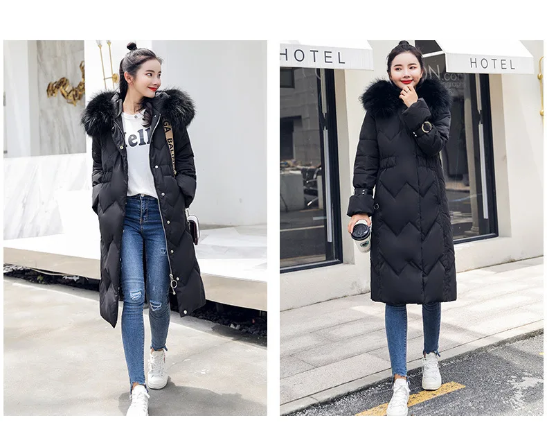 Новинка зимы Стиль Для женщин пальто енота меховой воротник средней длины Сапоги выше колена платье принцессы с длинным рукавом, плотная пуховая куртка модная