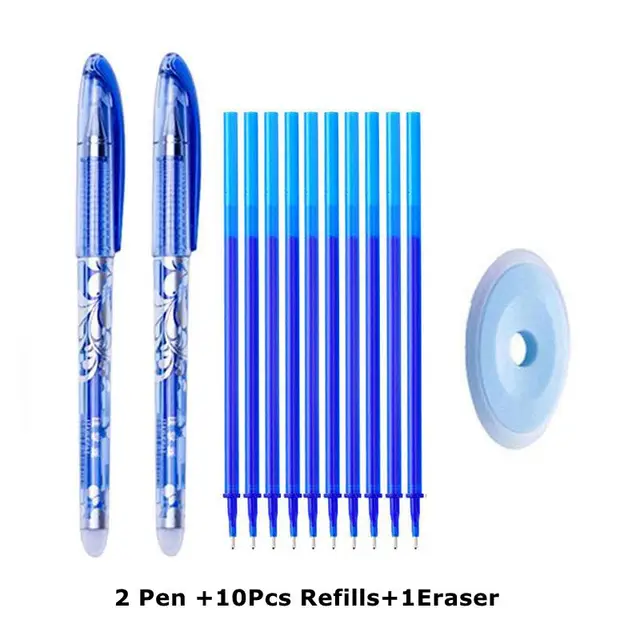 Erasable Pen Set 0.5mm Needle Bullet Tip Gel Ink Pens Refills Rods write erase Washable Handle for School Office Supplies 2 pen 10 refills B