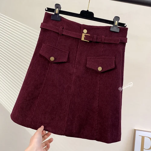 red Women Burgundy Skirt A-line with Waist Belt Decoration Black Gothic Mini Skirts Mujer - Color: red