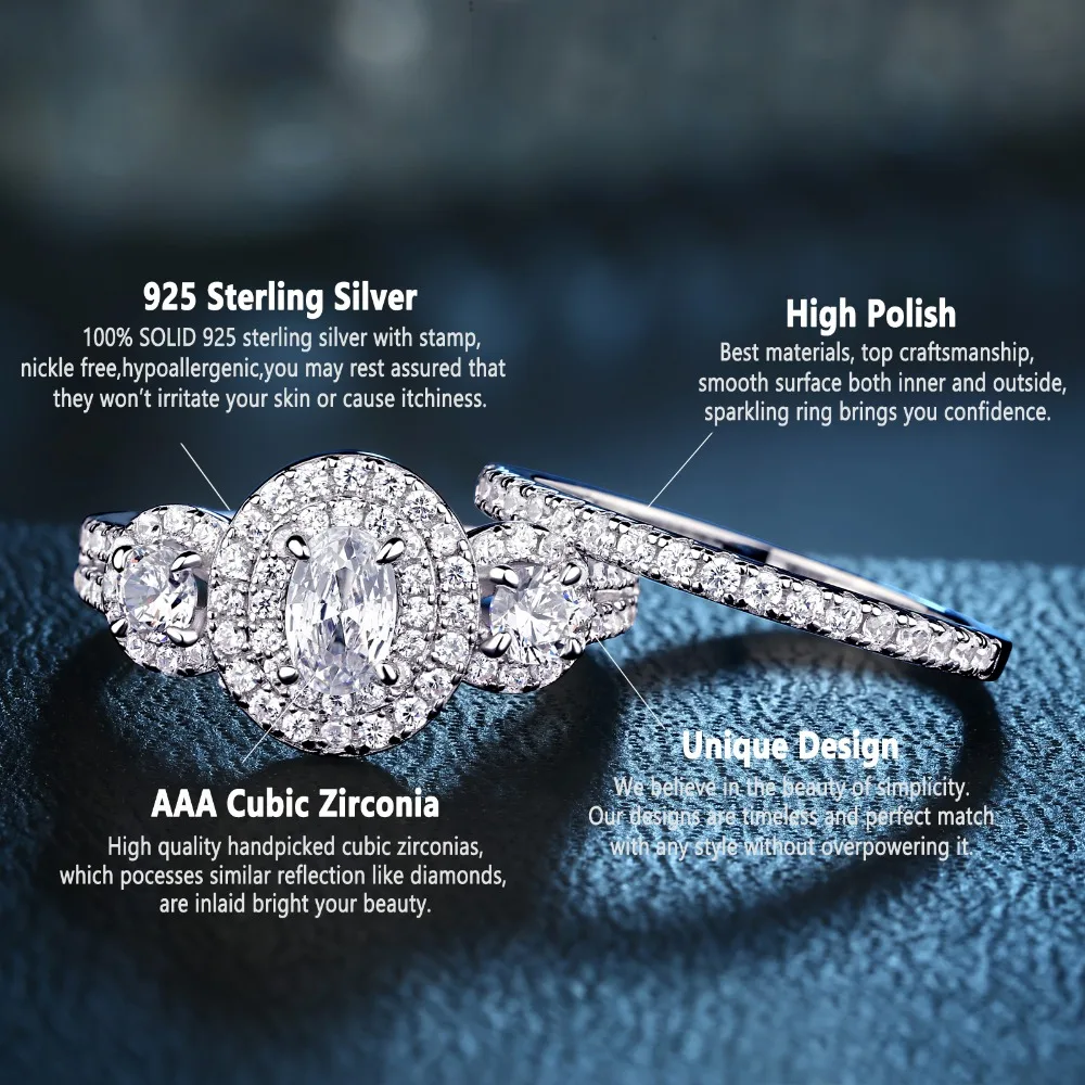 Newshe 2 шт набор обручальных колец 1,5 Ct овальной формы AAA CZ классические ювелирные изделия 925 пробы серебряные обручальные кольца для женщин JR5717