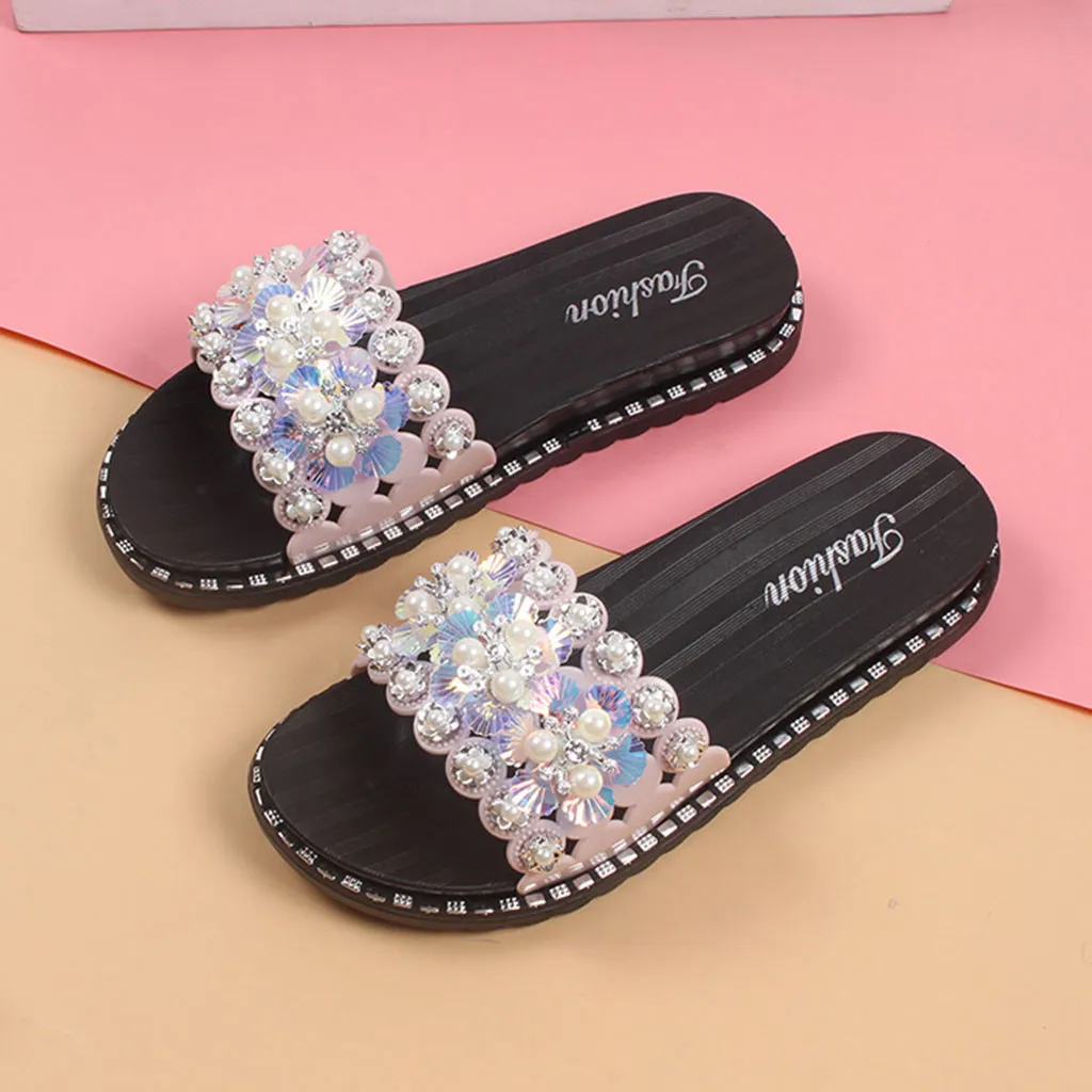 Шикарные летние женские шлепанцы со стразами женская обувь для отдыха на плоской