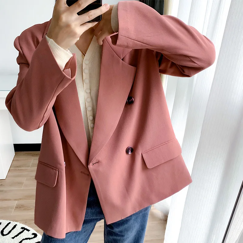 

2019 Autumn New Style Korean-style Elegant Slimming Solid Color Double Breasted Suit Straight-Cut Convention Coat WOMEN'S Dress