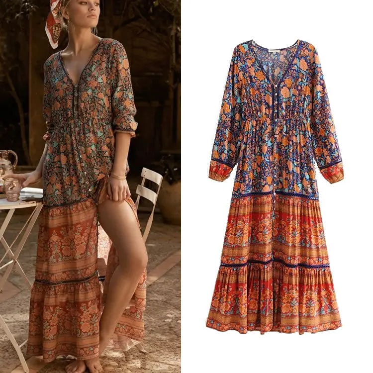 

Spring And Summer Europe And America New Style Printed WOMEN'S Dress Positioning V-neck Hollow out Waist Elastic Long Skirts
