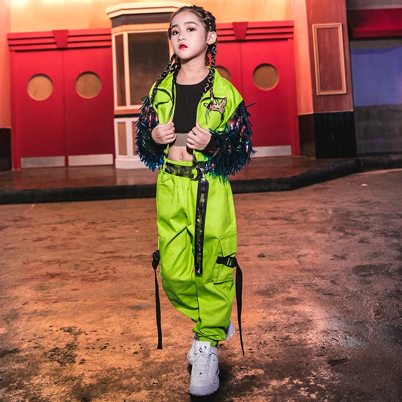 New Children Jazz Dance Costumes Girls Hip Hop Clothing Loose Fluorescent Tide Suit Street Dance Stage Show Outfits DQS288