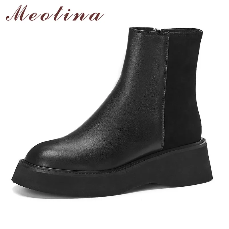 

Meotina Autumn Ankle Boots Women Natural Genuine Leather Flat Platform Short Boots Zipper Round Toe Shoes Ladies Winter Size 39