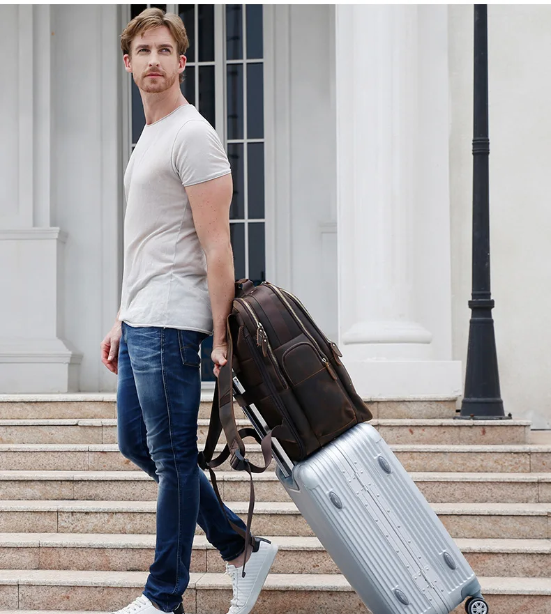Мужской рюкзак Crazy horse из кожи большой емкости, 17 дюймов, рюкзаки для ноутбука со складным стулом, USB зарядка, рюкзак для путешествий