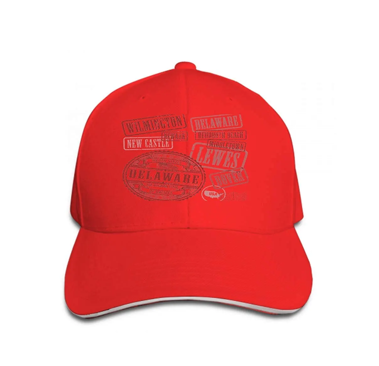 Женская бейсбольная кепка с плоским козырьком и принтом для отдыха, набор марок с именами города, штат Делавэр, гранж, резина, США