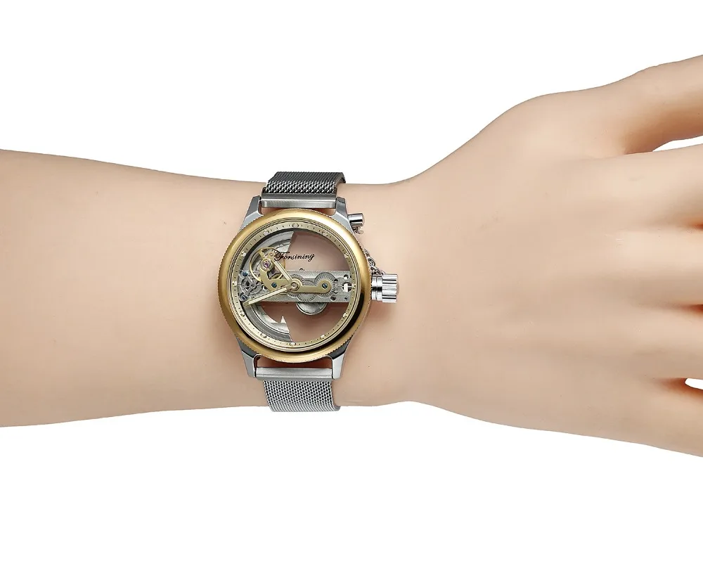 FORSINING Уникальный Золотой мост автоматические механические часы для мужчин магнит сетка ремешок цепь корона Модные Бизнес наручные часы