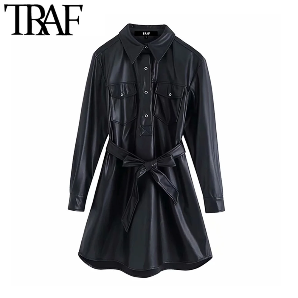 TRAF, женское винтажное стильное мини-платье-рубашка из искусственной кожи с карманами, модное платье с длинным рукавом и поясом, женские платья из искусственной кожи