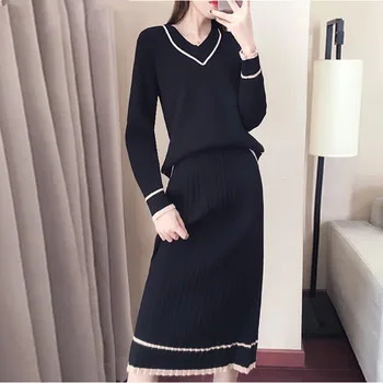 

2020 Autumn Elegant Knitted 2 Pieces Sets Women V-neck Long Sleeve Sweater Pullovers + Pleated Skirts Casual Clothing Suits