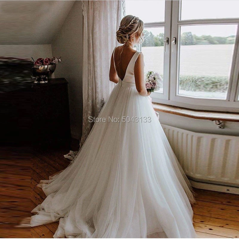 Простое Тюлевое свадебное платье трапециевидной формы с бантом Vestido De Noiva Элегантное свадебное платье без рукавов с глубоким вырезом на спине