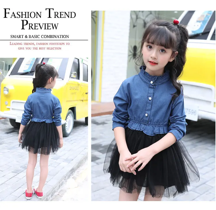 Джинсовое платье с вышивкой для девочек Новая детская одежда на весну и осень джинсовое Сетчатое трикотажное платье с длинными рукавами милое платье