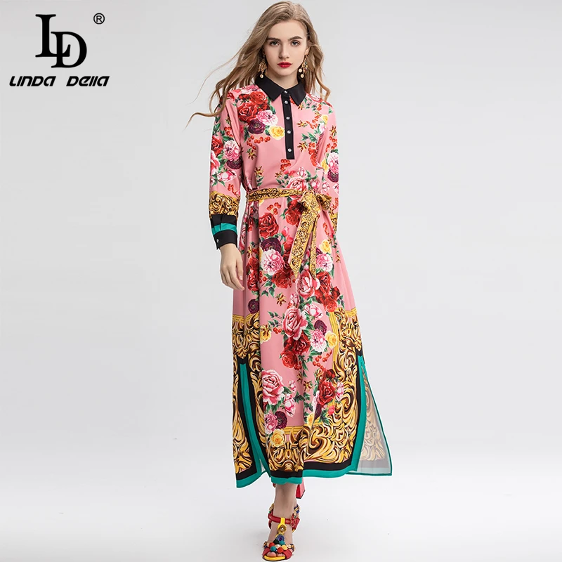 Женское платье макси LD LINDA DELLA весеннее свободное с поясом и цветочным принтом