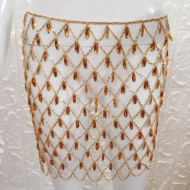 gold Сексуальная блестящая металлическая цепочка на тело, юбка с драгоценными камнями и блестками для женщин, сумасшедшие летние пляжные открытые вечерние мини-юбки с кристаллами для ночного клуба - Цвет: gold