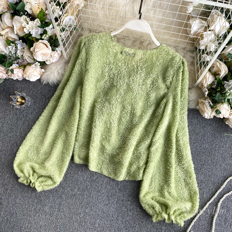 Soft Blouse for Women Autumn New Pleated Slim Fit V Neck Puff Sleeve Shirt Female Cropped Blusas Tops New