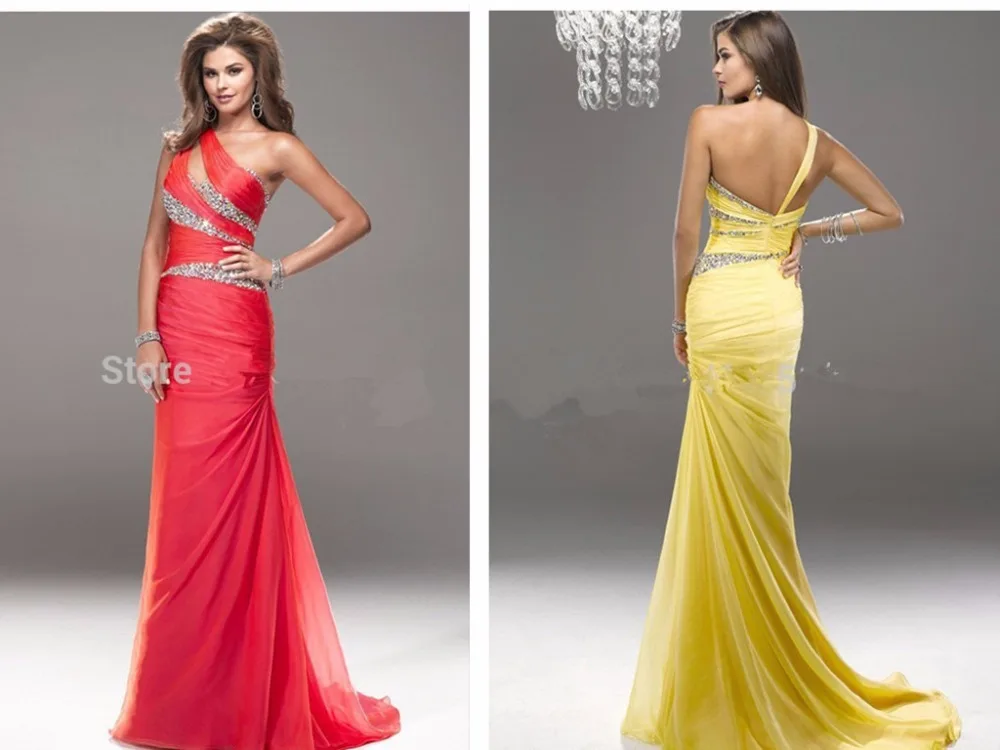 

Chiffon mermaid long Prom Dresses 2015 new hot sexy one shoulder beading Evening Gowns vestidos para festa summer style party