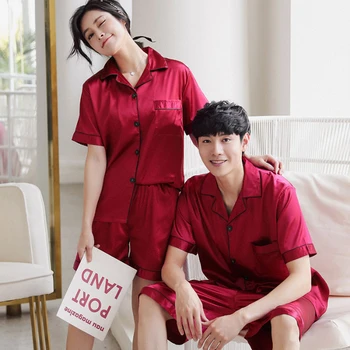 

Printing New Summer Short Sleeve Silk Pajamas Set Two Pieces Set Women Sleepwear Sexy Nightwear for Women Sleeping set