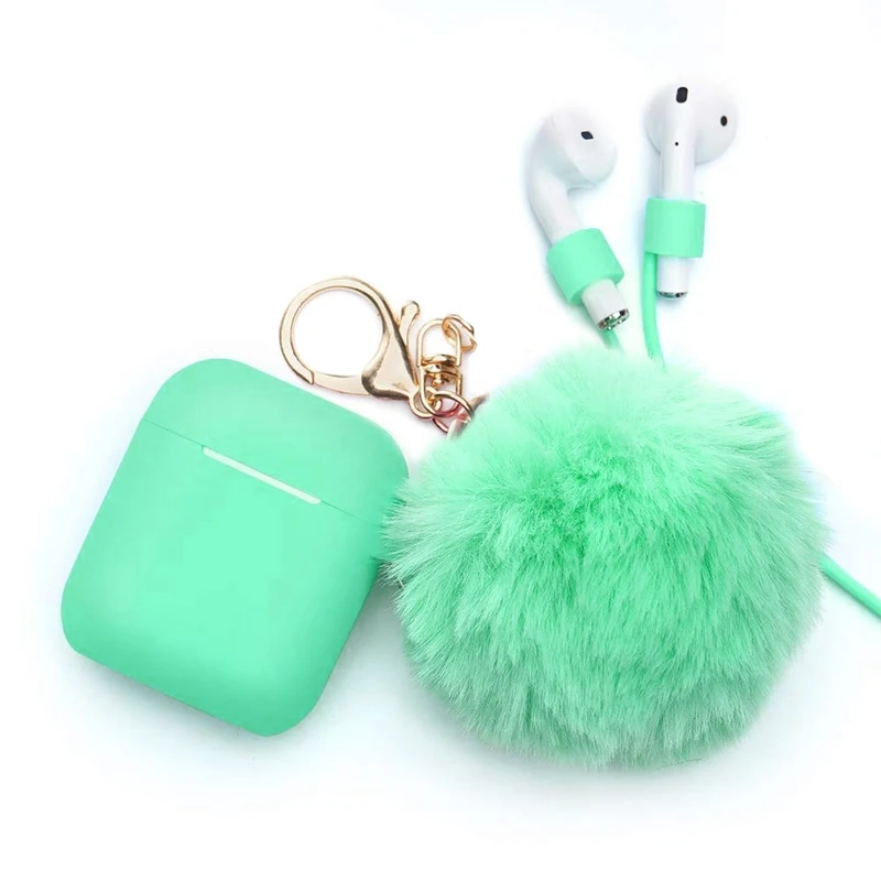 Зеленый Airpods чехол-Drop Proof Air Pods Защитный чехол силиконовый чехол милый меховой шарик Airpods брелок/ремешок Apple Airpods доступ - Цвет: Зеленый