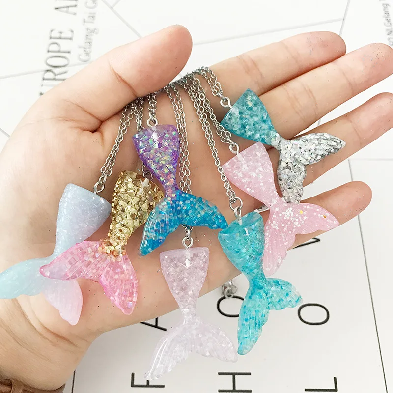 2019 Charm Crystal Mermaid Pendant Necklace Itanium Steel Cross Chain Fishtail Personality Colorful Women Jewelry Gift | Украшения и