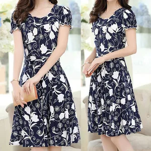 Women Elegant Fashion O-Neck Knee Length Short Sleeve Retro Printing Dress Summer Women's Short Sleeve Print Dress beach tunic