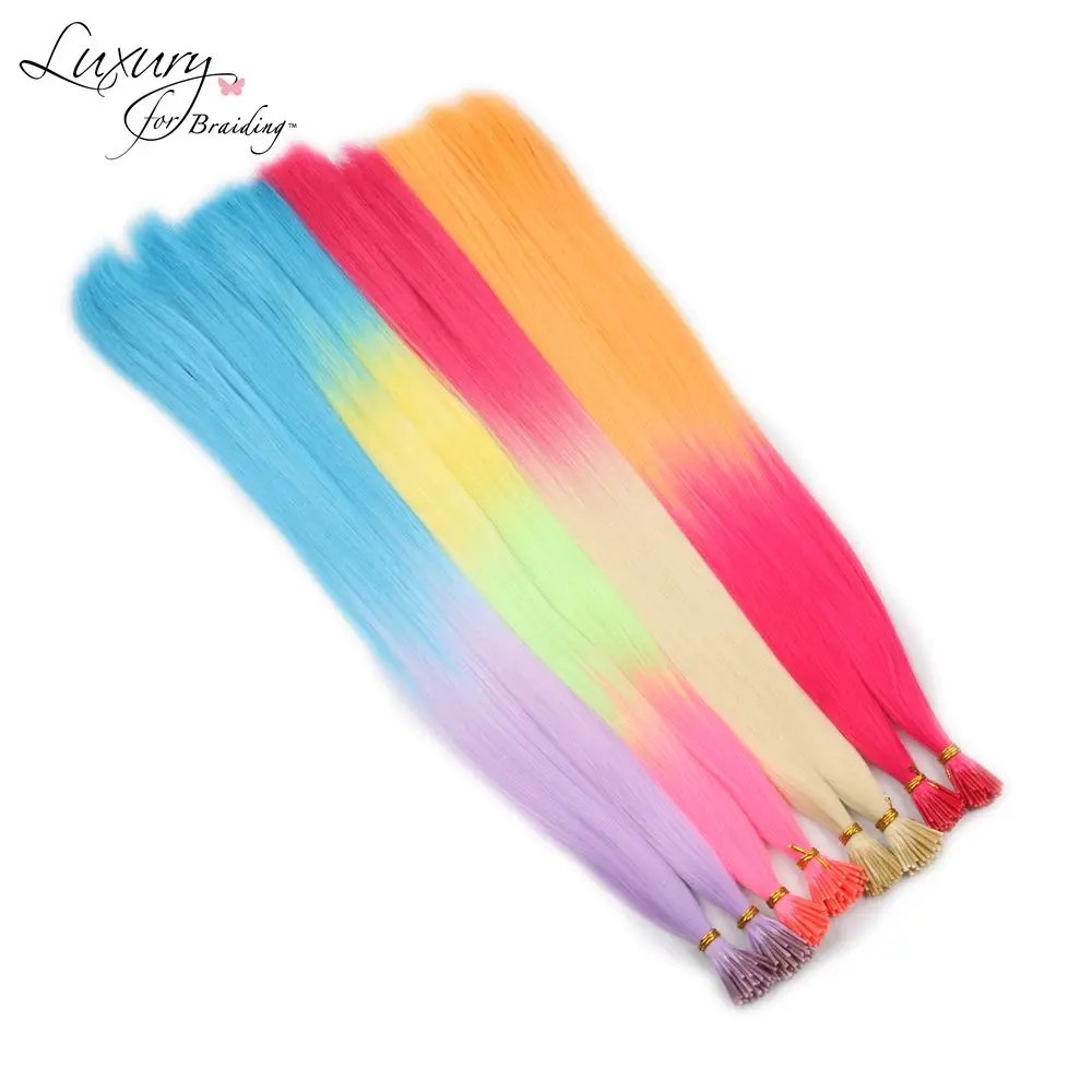 I Tip Feather Hair Extensions Luxury for Braiding 22" 100strands/lot Straight Rainbow Color Green Yellow Pink Synthetic