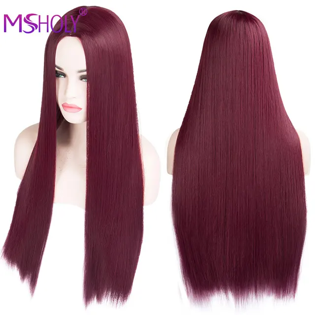 Long Straight Black Wig Synthetic Hair Wig With Bangs Red Burgundy Pink Ombre 613 Blonde Long Hair Wigs for Women Msholy Red Wig