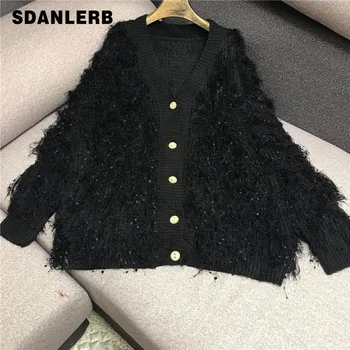 

Jacket Women's Chic Top Spring Vintage Mid-Length Lazy Wind Fringed Loose-Fit Cardigan Sweater Knitted Cardigan Ladies Knitwear