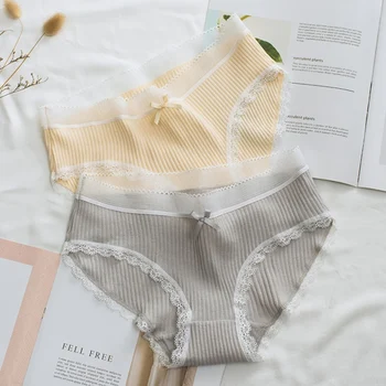 

Japanese Sweet Cotton Underwear Women 2019 New Waist Briefs Lingerie Simple Ladies Lace Candy Color Cotton Panties Large Size