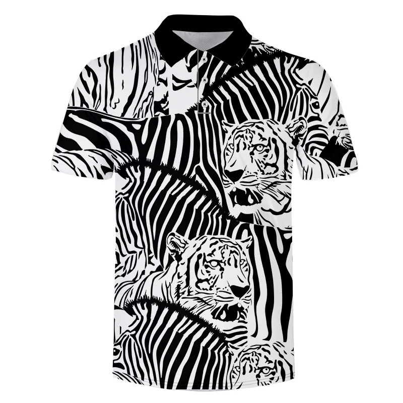 

Мужская летняя рубашка-поло в стиле Харадзюку, Повседневная рубашка-поло с короткими рукавами, отложным воротником и пуговицами, с принтом тигра и зебры, 2021