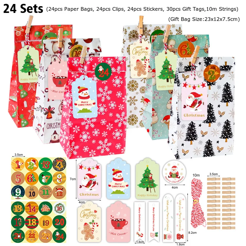 thumbnail image 1 of Juego de bolsas para calendario de adviento de Navidad, calendario de adviento de arpillera de 24 días, bolsas de papel kraft con clips, decoración navideña DIY, 1 of 5