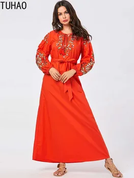 

Large Size High Waist Dress Woman's Clothes Floral Embroidered Arabian Long Maxi Dresses with Sashes VinTge Robes T9044