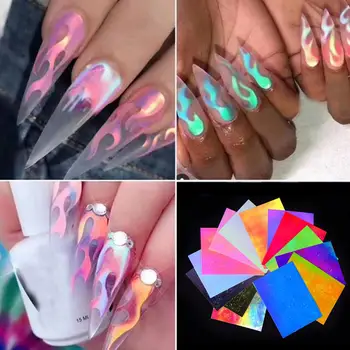 

1 Set 16pcs Laser Flame Nail Art Decals 3D Vinyls Nail Stencil Holographic Flame Reflections Nail Stickers Foils DIY Decorations