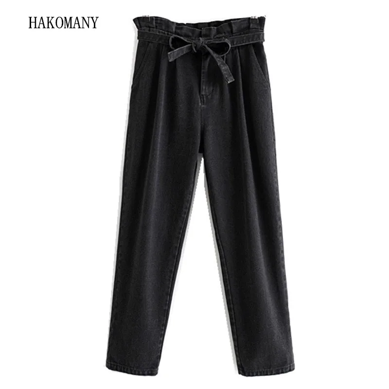 

2019 Women Ruffles High Waist Denim Paper Bag Pants Black Full Length Jeans Loose Trousers Autumn Tide Bow Sashes High Street