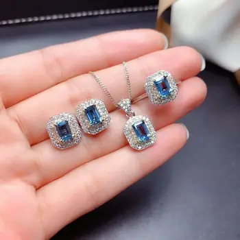 

MeiBaPJ New Natural London Blue Topaz Gemstone Rectangle Jewelry Set 925 Pure Silver 3 Pieces Suit Wedding Jewelry for Women