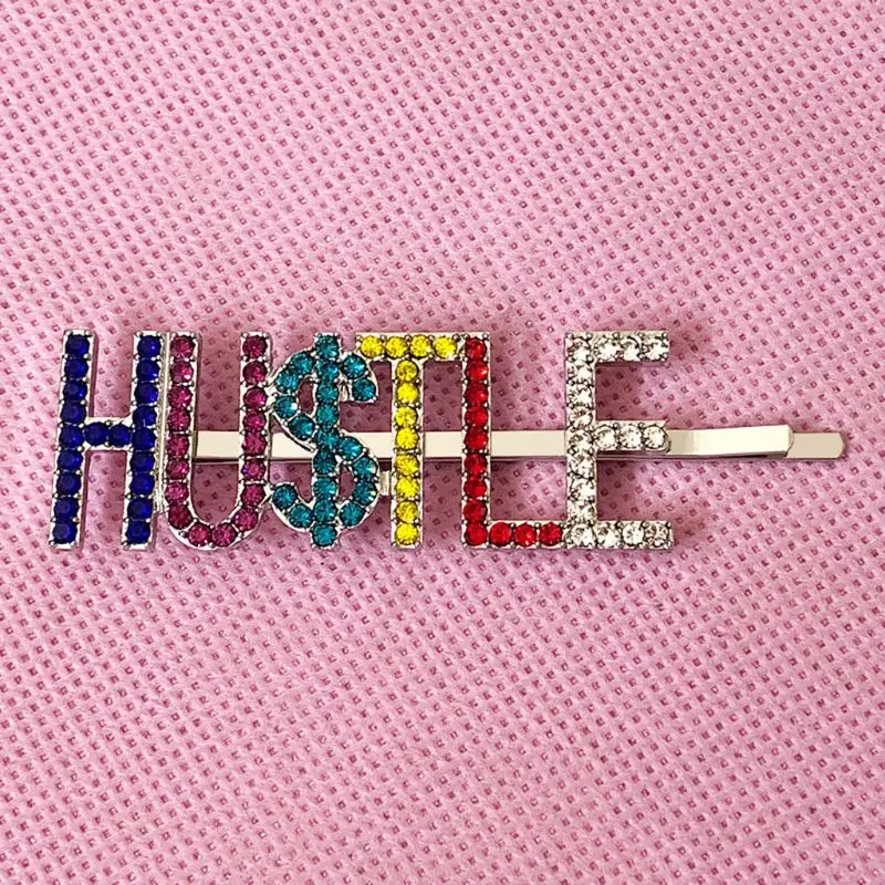Женская забавная заколка для волос в стиле Харадзюку с надписью Hustle радужные разноцветные стразы, украшенные ювелирное изделие в виде заколки с боковой челкой